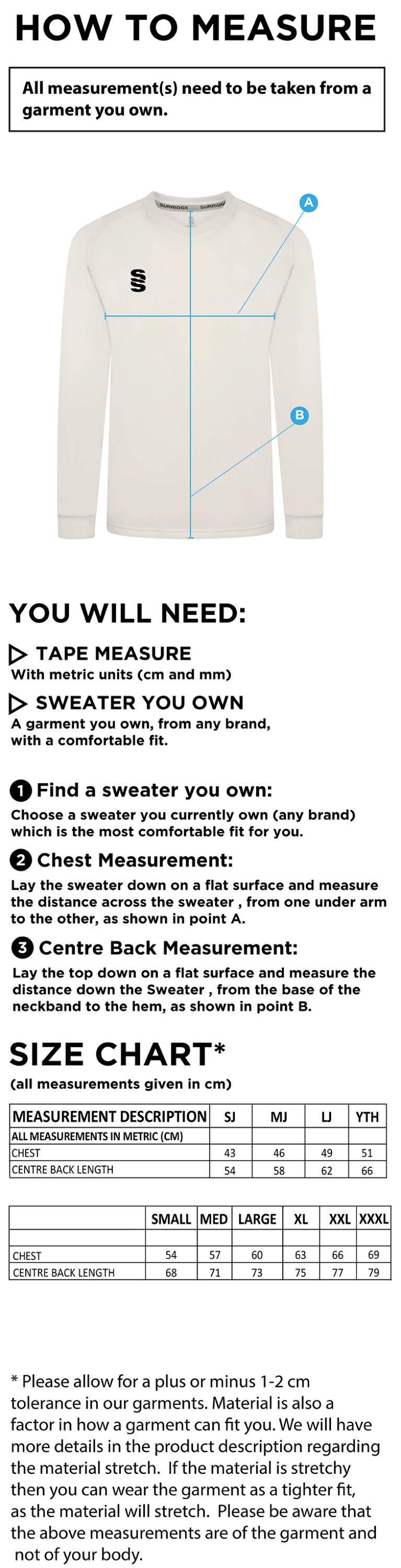 Clayton Halifax CC Blast Long Sleeve Cricket Sweater - Size Guide