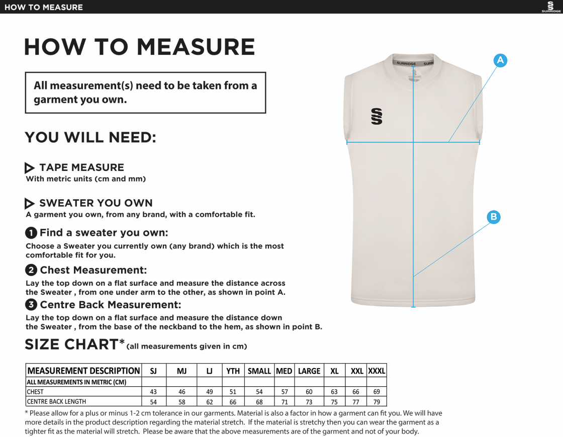CLAYTON HALIFAX CC - Blast Sleeveless Cricket Sweater - Size Guide