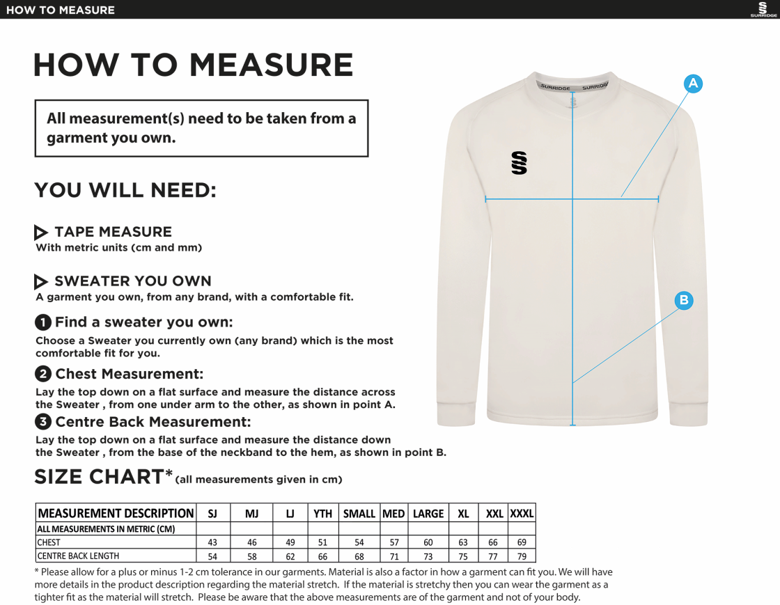 Clayton Halifax CC Blast Long Sleeve Cricket Sweater - Size Guide