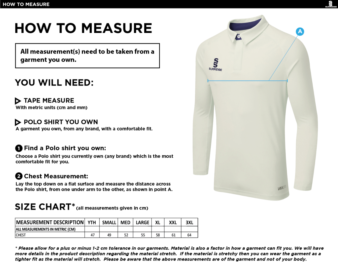 CLAYTON HALIFAX LEAGUE FUSE LONG SLEEVE CRICKET SHIRT - Mens / Juniors - Size Guide