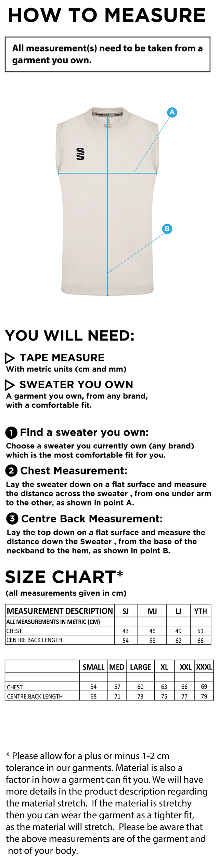 CLAYTON HALIFAX CC - Blast Sleeveless Cricket Sweater - Size Guide
