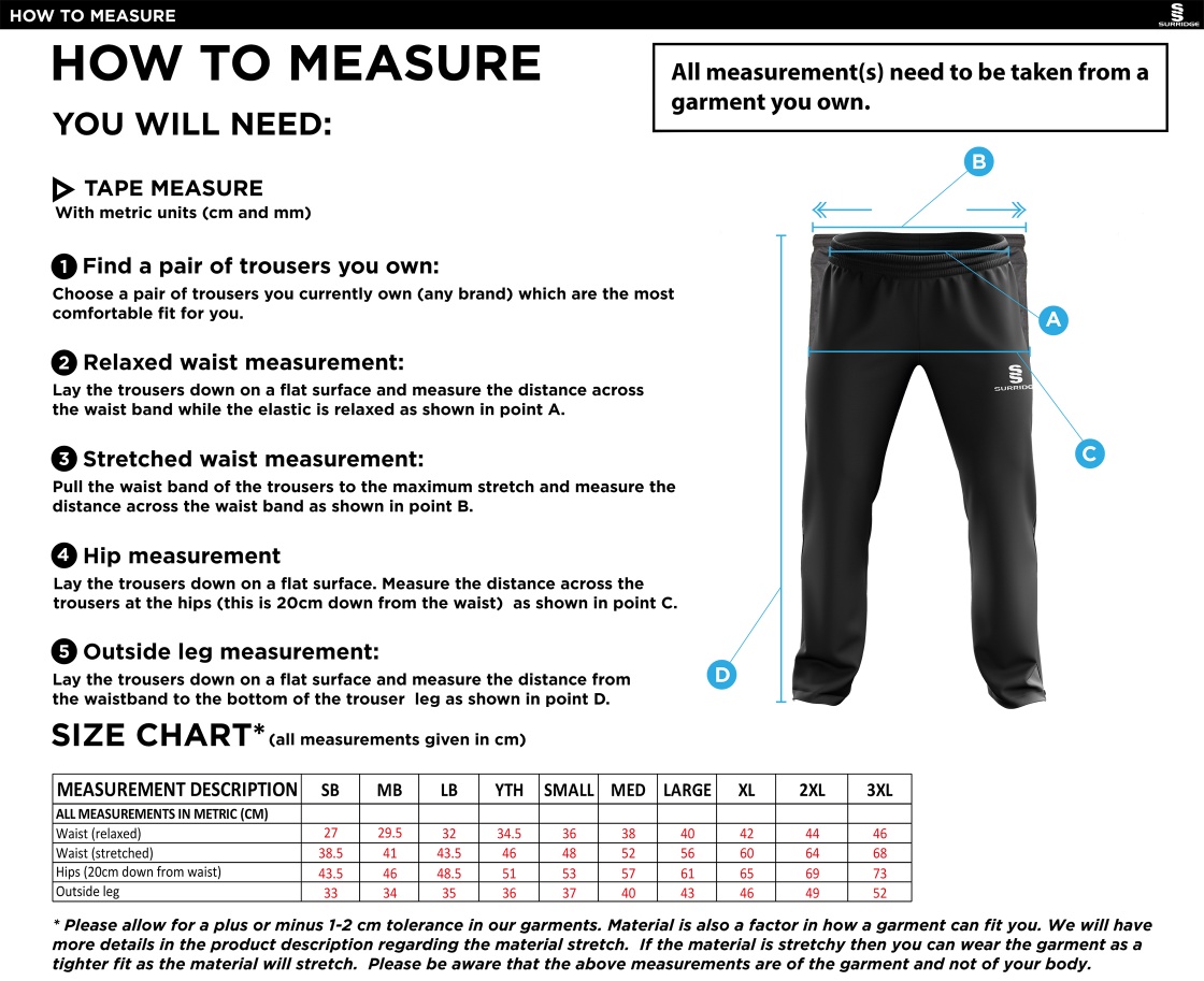 Clayton Halifax League - Rip Stop Track Pant : Navy - Size Guide