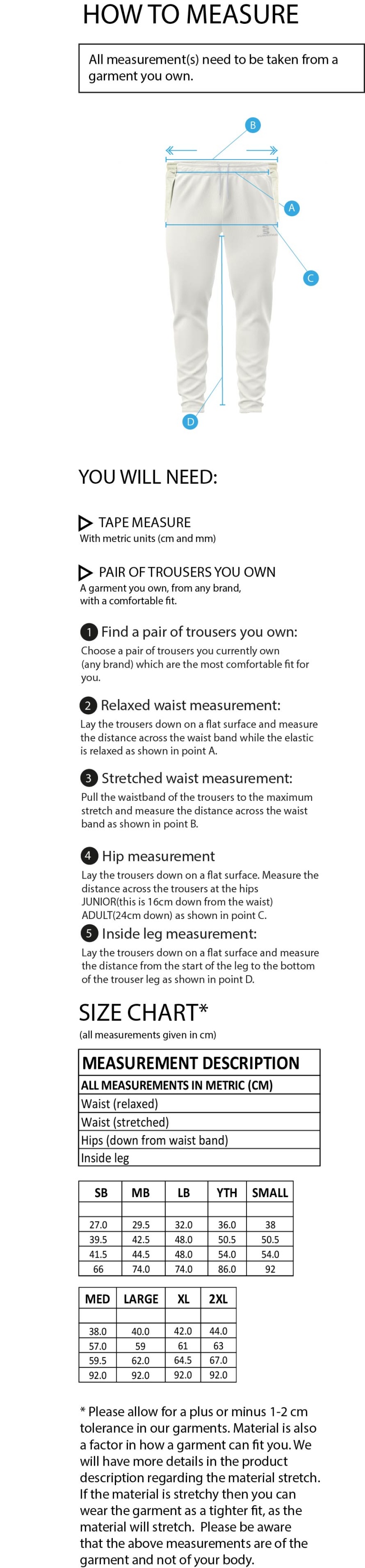 CLAYTON HALIFAX LEAGUE Ergo Playing Pant - Size Guide