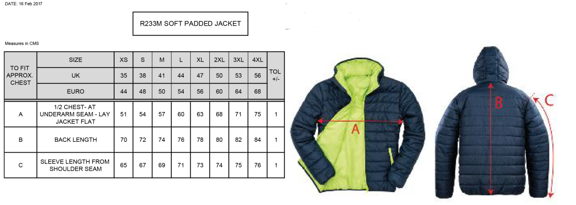 CLAYTON HALIFAX LEAGUE Supersoft Padded Jacket : Navy - Size Guide